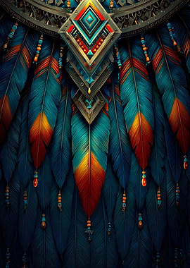 Vibrant Blue and Orange Feather Art Showcasing Intricate Patterns