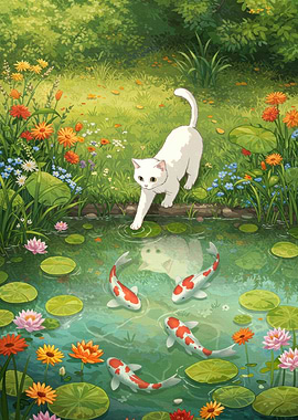 White Cat and Koi Pond