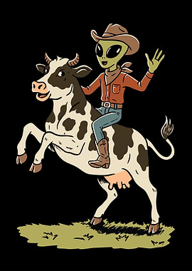 Alien Cowboy Riding a Cow