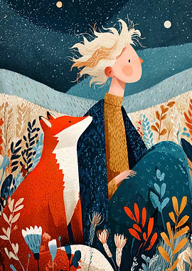 Girl and Fox Under Starry Sky