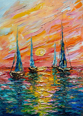 Impasto Sailboats at Sunset Painting