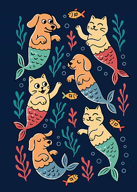 Cartoon Mermaid Cats and Dogs