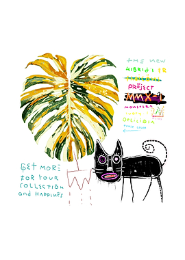 Abstract Monstera Leaf and Cat Art