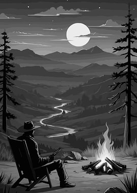 Cowboy by Campfire Under Moonlight