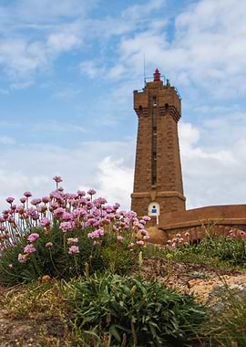 Lighthouse with Pink Flowers