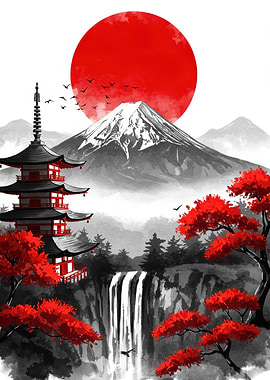 Japanese Landscape with Pagoda and Mountain