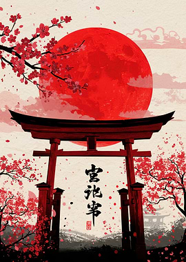 Japanese Torii Gate with Red Moon