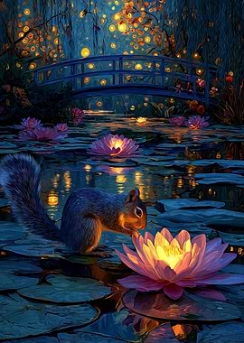 Squirrel and Water Lilies at Night