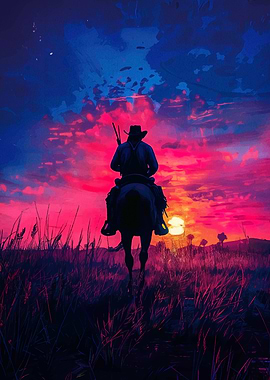 Cowboy on Horseback at Sunset