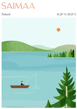 Saimaa Finland Fishing Scene Illustration