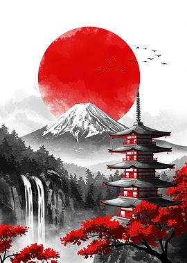 Japanese Landscape with Pagoda and Mountain