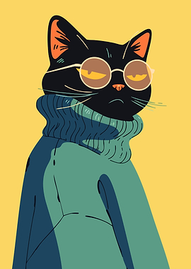 Cool Cat with Glasses and Sweater Minimalist Pop Art Illustration