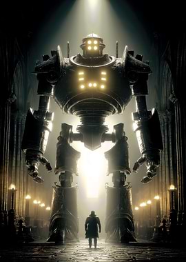Giant Robot and Man in Cathedral