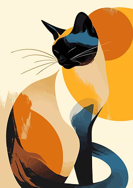 Boho Siamese Cat Minimalist Art Illustration