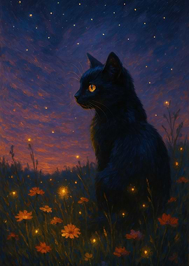 Black cat flower field Sunset