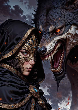 Masked Woman with Wolf Companion