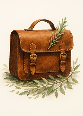 Vintage Leather Satchel with Olive Leaves – Watercolor Art