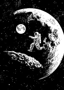 Astronaut Running in Space Black and White