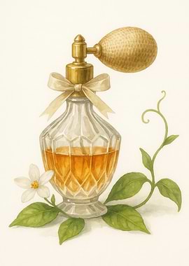 Vintage Perfume Bottle with Citrus Leaves – Watercolor Art