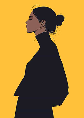 Woman in Black Turtleneck on Yellow Minimalist Fashion Art Illustration