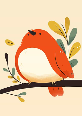 Cute Orange Bird on Branch Minimalist Art Illustration