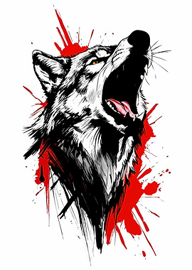 Roaring Wolf with Red Splatter Art