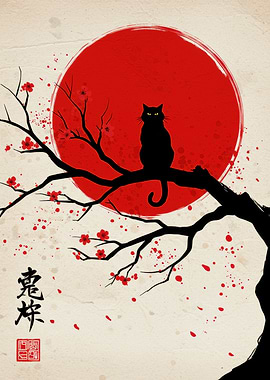 Black Cat Silhouette with Red Moon