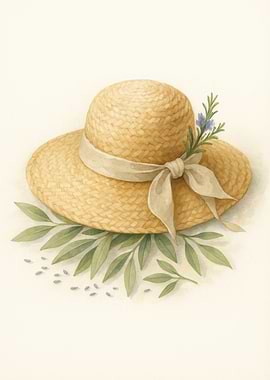 Vintage Straw Sun Hat with Olive Leaves – Watercolor Art