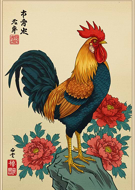 Rooster and Peonies Japanese Art