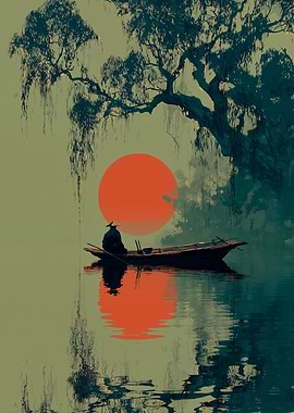 Japanese Fisherman at Sunset