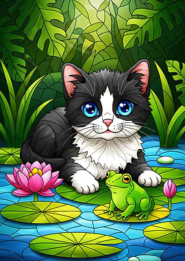 Cartoon Cat in Lily Pond