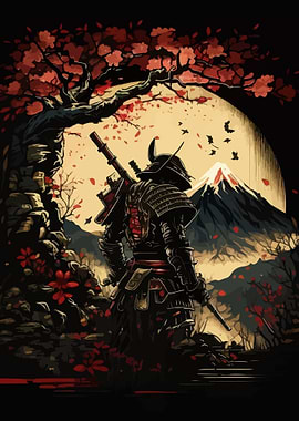 Samurai Warrior with Mount Fuji