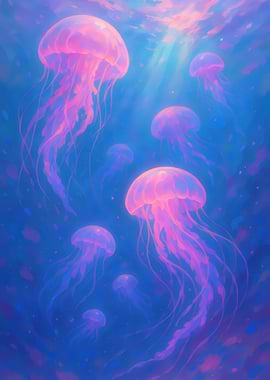 Pink Jellyfish in Blue Ocean