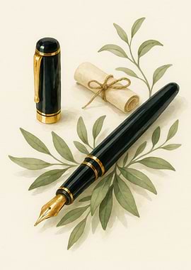 Vintage Fountain Pen with Olive Leaves – Watercolor Art