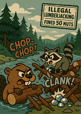 Illegal Lumberjacking Cartoon with Beaver and Raccoon