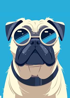 Cool Funny Pug with Blue Sunglasses Illustration Minimalist Dog Art