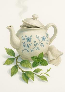 Vintage Ceramic Teapot with Lemon Leaves – Watercolor Art
