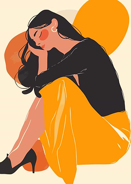 Woman in Thought Minimalist Boho Art Illustration