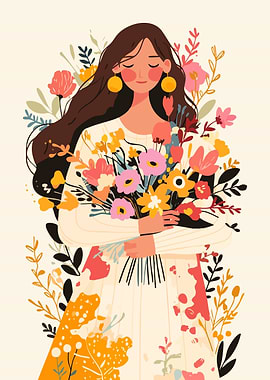Boho Woman with Flowers Minimalist Art Illustration