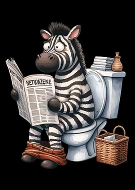 Zebra on Toilet Reading Newspaper