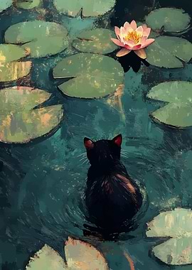 Cat in Lily Pond Painting