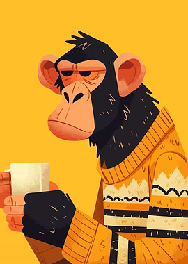 Grumpy Chimpanzee with Morning Coffee Minimalist Art illustration