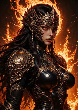 Fiery Warrior Woman in Golden Armor