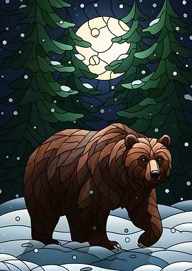 Bear in Winter Forest Stained Glass