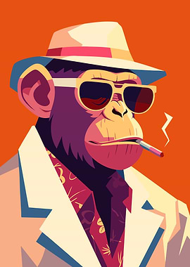 Cool Boss Chimpanzee in Hat Minimalist Art Illustration