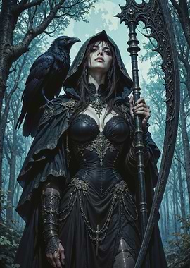 Gothic Woman with Raven and Scythe