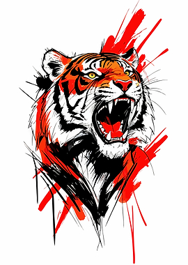 Roaring Tiger Head with Red Accents