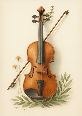 Vintage Violin with Olive Leaves – Watercolor Art