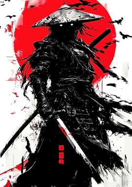 Dark Samurai with Katana and Red Sun