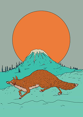 Fox Running Near Mountain and Sun